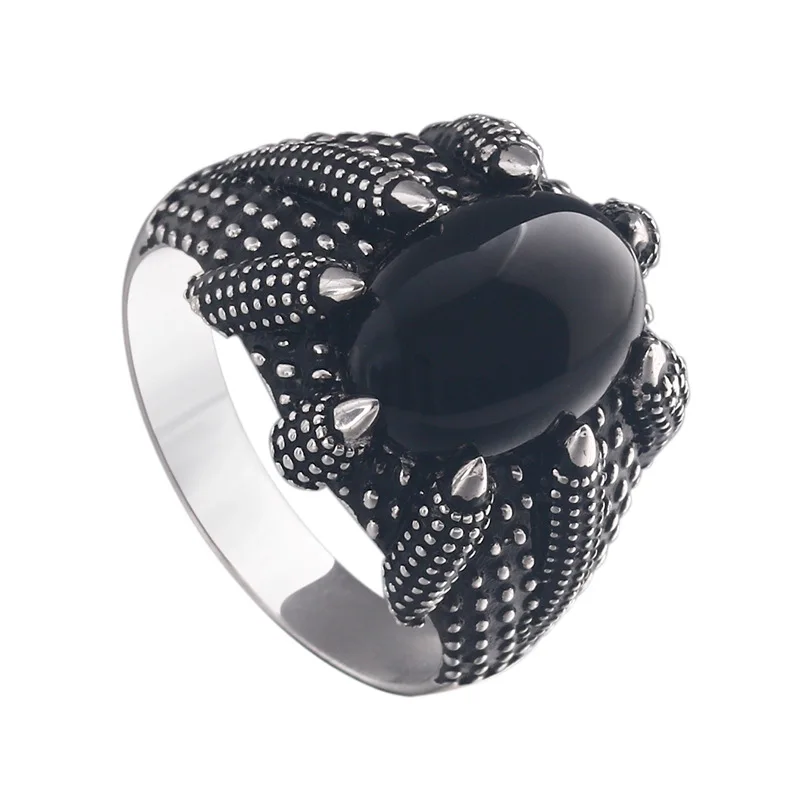 Готический панк мужской 925 пробы Серебряное ретро кольцо черный большой камень