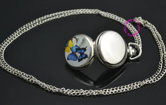 

Wholesale Lady Girl Women Silver Mirror Cute Colorful Butterfly Pocket Watch Necklace Hour Wholesale Buyer Low Good Antibrittle