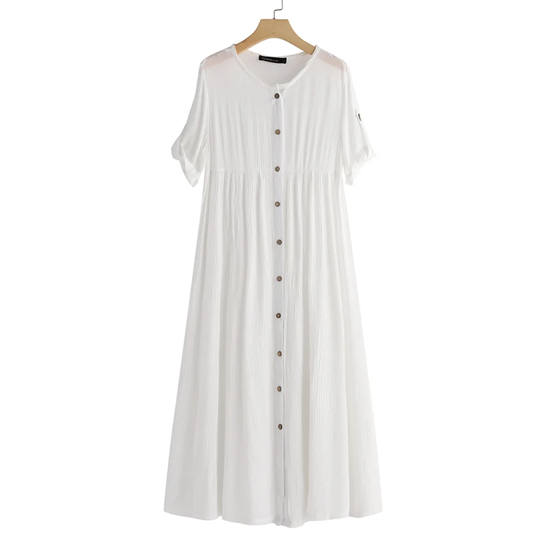 Белый Летнее платье, женская рубашка с коротким рукавом и пуговицами, винтажный Повседневный Сарафан, плиссированное Макси длинное платье размера плюс 5XL - Цвет: Белый
