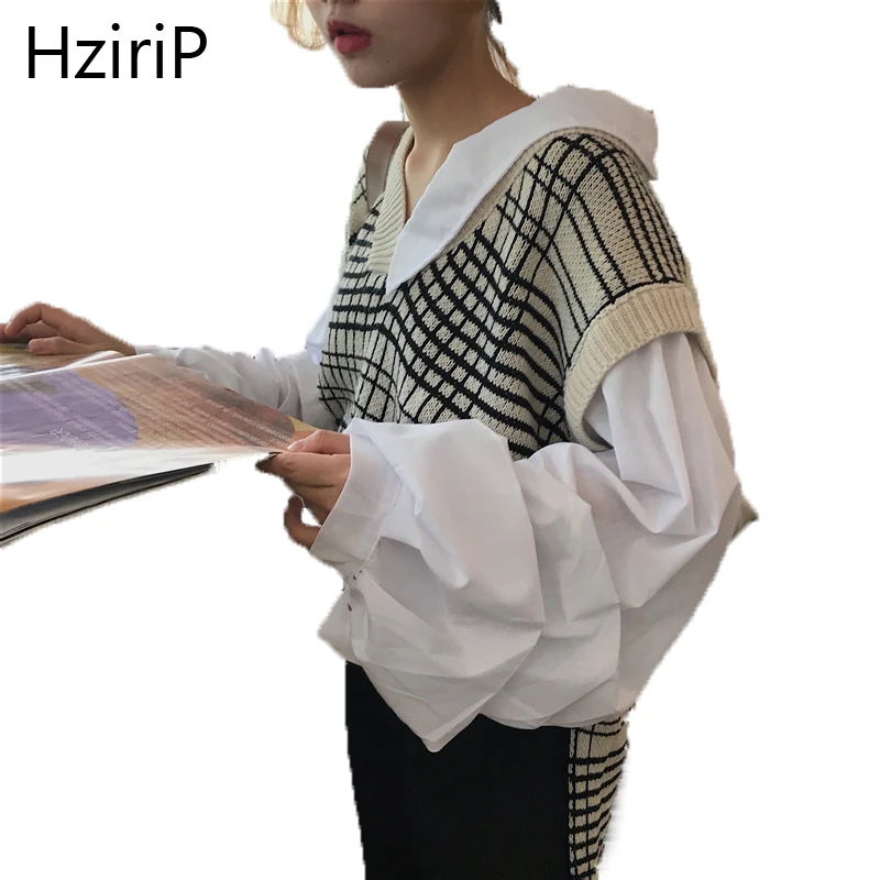 Hzirip Sweet Knitted Spliced Sweater 2018 Autumn Winter Pullover Women Lantern Sleeve Tops V-Neck Plaid Casual Female Jacket | Женская