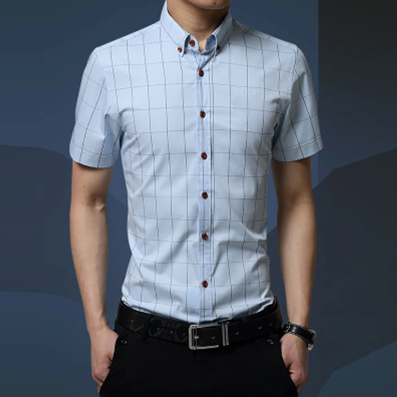 

Brand 2018 Fashion Male Hawaiian Shirt Short-Sleeves Tops Plaid Mens Dress Shirts Slim Men Shirt