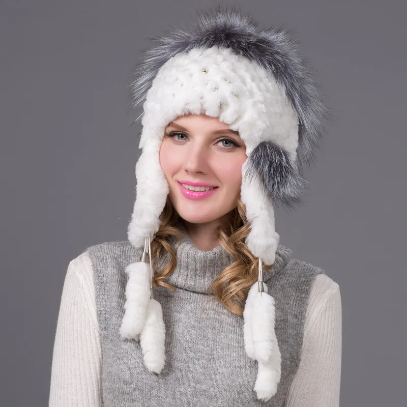 Winter Knitted  Fur Beanies For Women Hats fox+rabbit Fur  Hats Girls Bobble Caps Femme