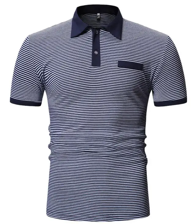 navy striped Мужская рубашка поло, мужская деловая рубашка поло, повседневные топы, короткий рукав, высокое качество, летняя брендовая одежда размера плюс M-XXL, в полоску - Цвет: navy striped