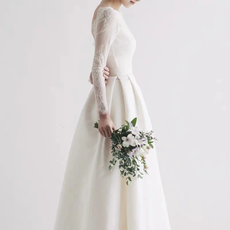 Vestido De Noiva сексуальное кружевное свадебное платье с длинными рукавами и открытой спиной простые трапециевидные длиной до пола мусульманские свадебные платья