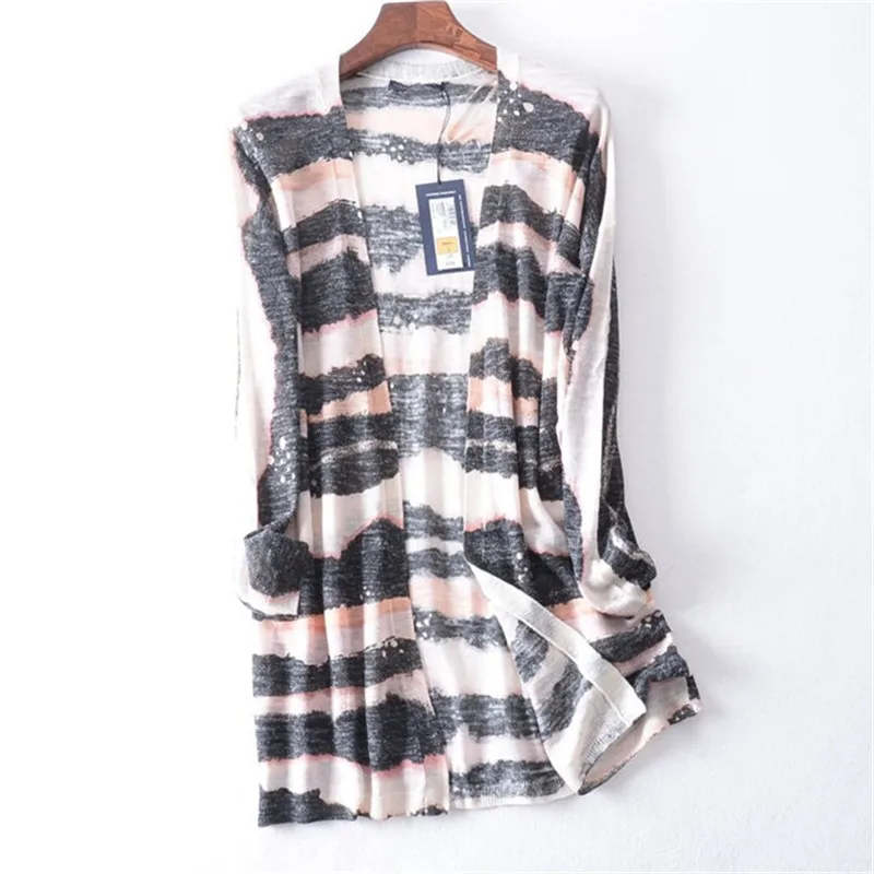 

flax polyamide blend Vneck thin knit women fashion striped long loose cardigan sweater L retail wholesale