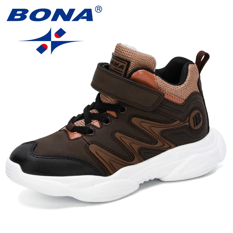 Dark brown khaki BONA/Новинка года; дизайнерская детская обувь с высоким берцем из флока для девочек и мальчиков; уличные кроссовки; обувь детская дышащая удобная спортивная обувь - Цвет: Dark brown khaki