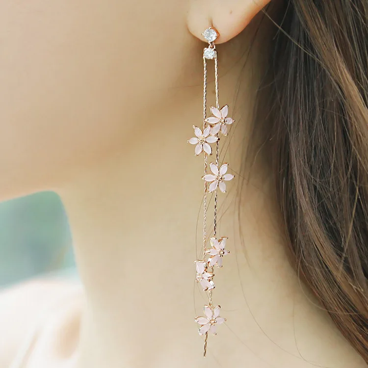 

MENGJIQIAO 2018 New Korean Elegant Pink Flower Super Long Earrings For Women Fashion Simulated Pearl Tassels Drop Oorbellen Gift