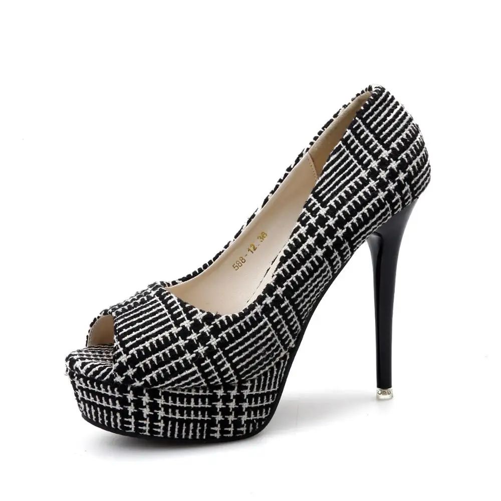 

Fashion Grid Women Pumps Sexy Peep Toe High Heels 12cm Summer Shoes Woman Pumps Platform Women Shoes OL Singles Wedding Shoes