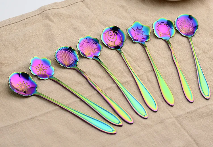 8 шт./компл. цветок Форма Нержавеющая сталь чайная, кофейная ложка Чай ложки сахара мороженого столовые приборы; Цвета: золотистый, Серебристый; обувь с ремешками посуда Кухня набор инструментов