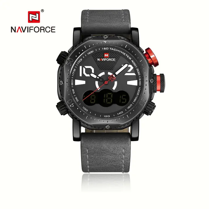 GRAY BLACK WHITE NAVIFORCE Военный Спортивный Двойной кварцевый светодиодный цифровой аналоговый часы оранжевый кожаный ремешок водонепроницаемые мужские часы лучший бренд класса люкс - Цвет: GRAY BLACK WHITE