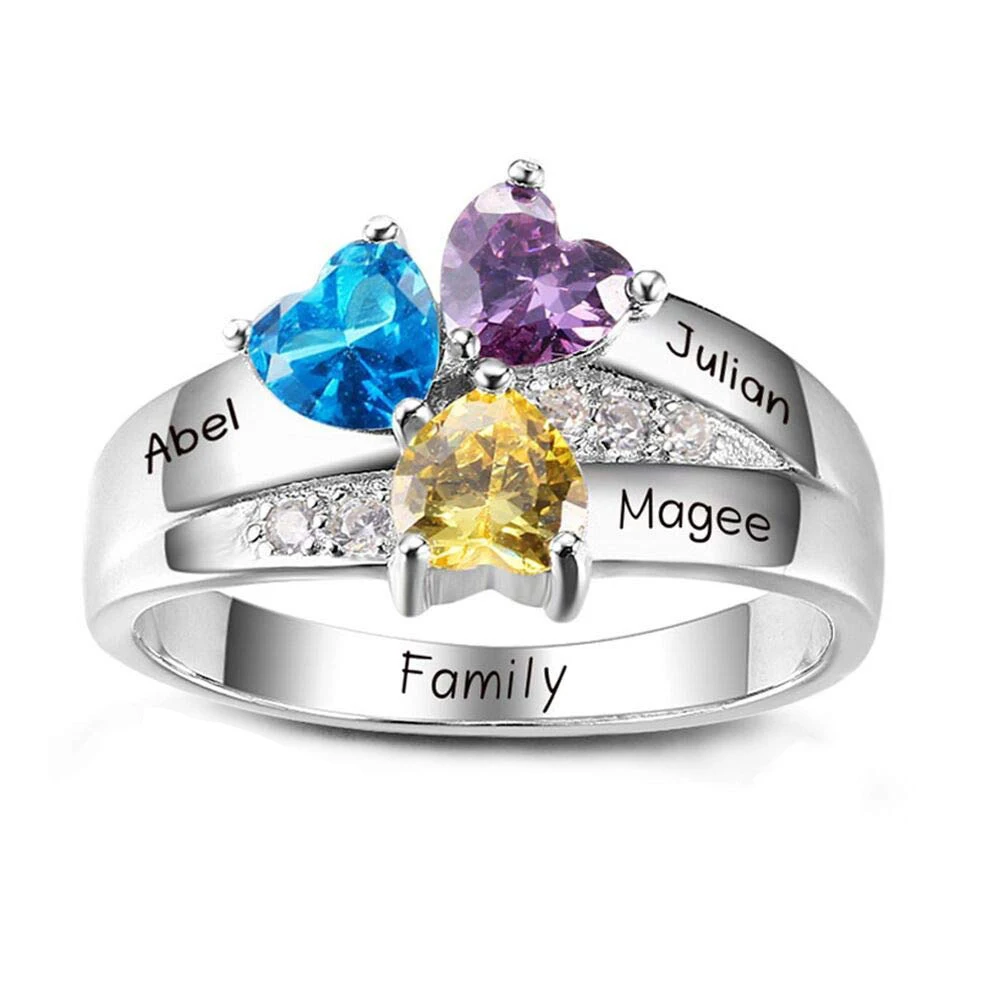SG 925 Sterling Silver Rings Personalized Custom Heart Birthstone Ring With 3 Names Jewelry for Her Mother day's Gift