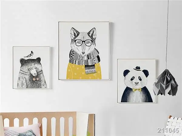 Триптих акварельные животные картина Лев медведь панда художественные принты на