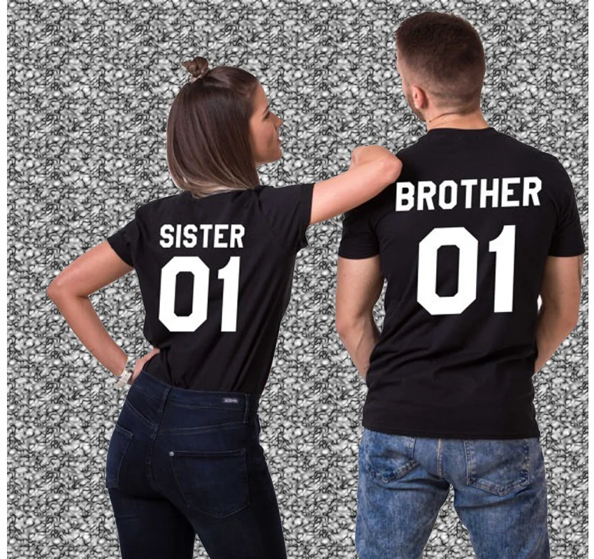 Мужская и женская футболка SISTER 01 BROTHER с принтом надписью для любителей топ коротким рукавом Повседневная