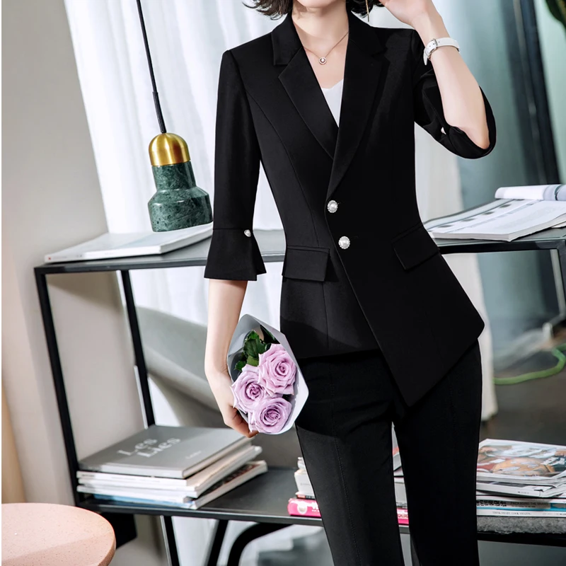 Классический однобортный Блейзер с короткими рукавами женский брючный костюм