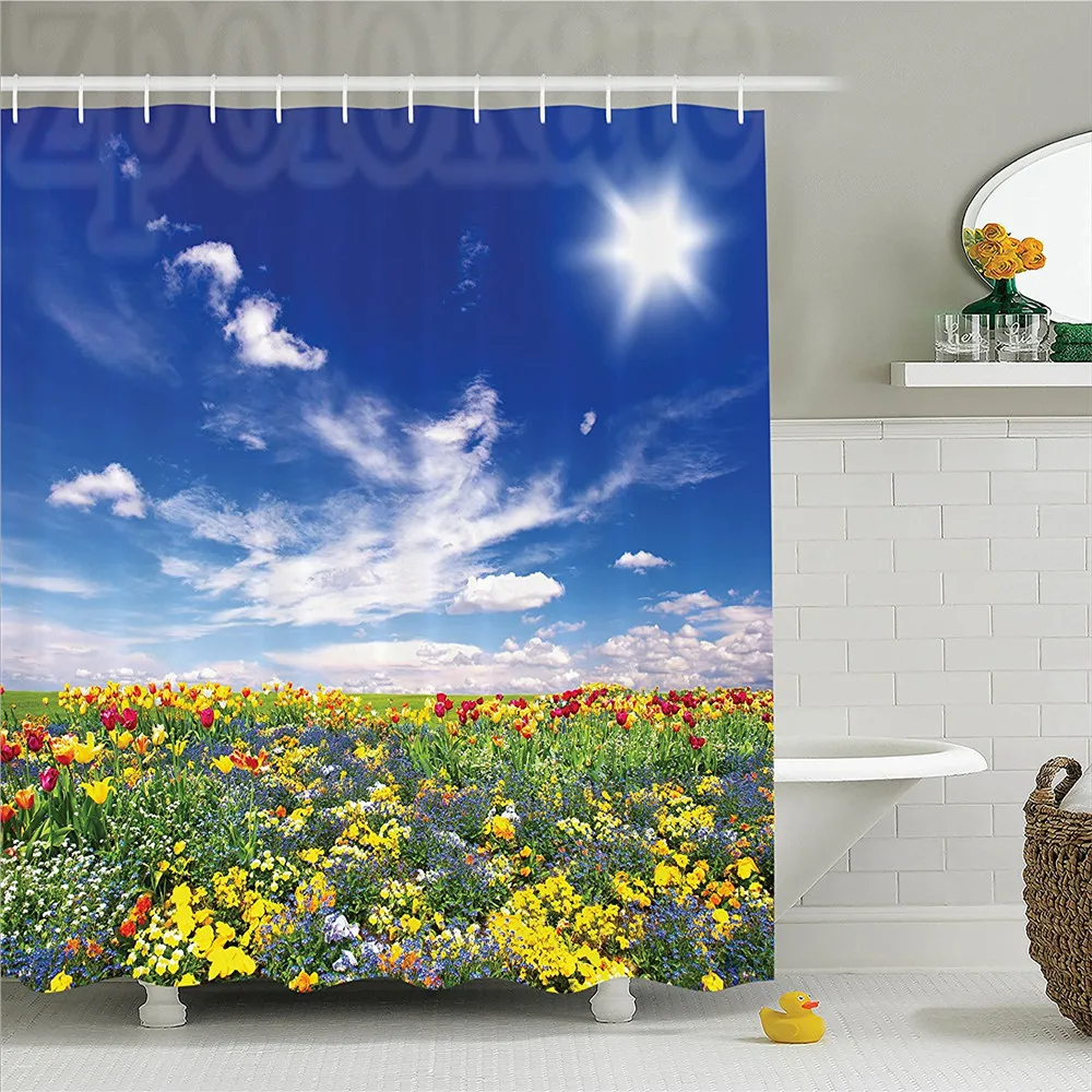 Цветочный декор занавески набор цветы луговые и пасмурное небо природа пейзаж