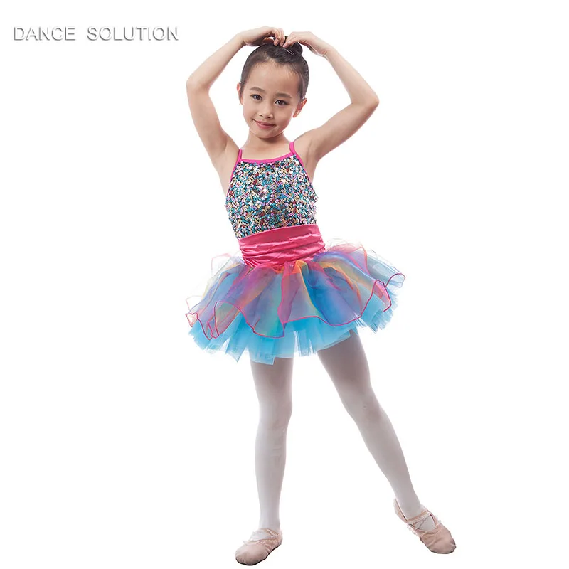 16263 Colorful Sequin Camisole with Tulle Skirt Ballet Costume for Girl Children Stage Show Dancewear Practice Standard Dress |
