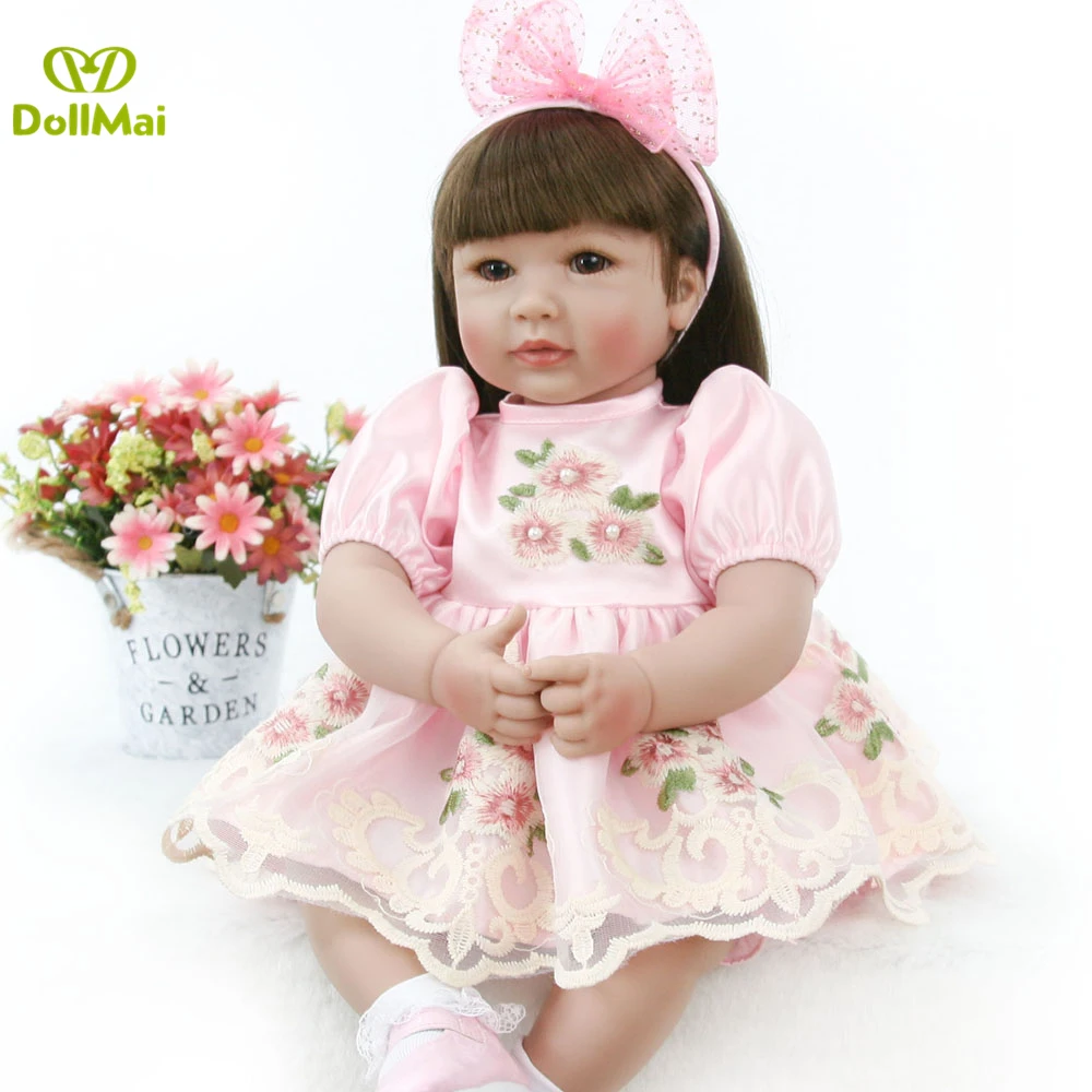 High quality vinyl silicone reborn baby doll toddler girl princess with long hair pink dress children gift bebe | Игрушки и хобби