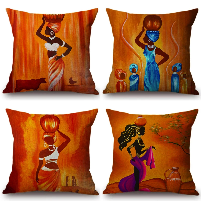 

2019 NEW Art African Oil Painting Sofa Throw Pillow Cover Africa Women Lifestyle Cotton Linen Cushion Cover Car Pillows CASES