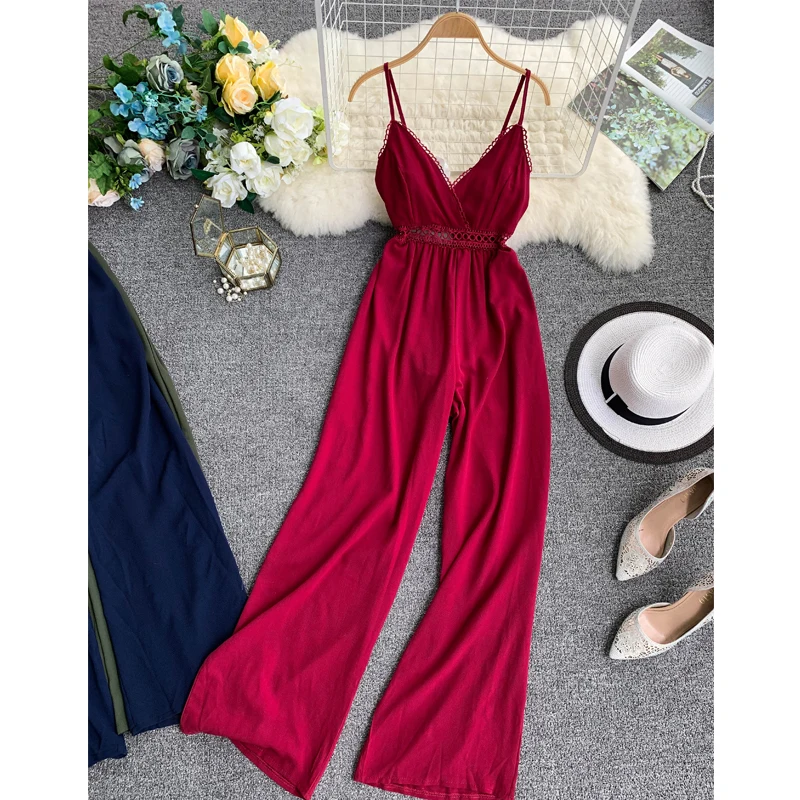 Женский комбинезон в стиле ретро длинный пляжный с V-образным вырезом лямкой на