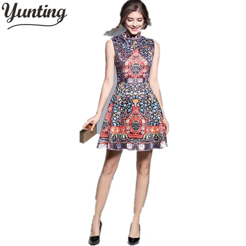 

2021 New Women Summer Sleeveless Dress Vintage Printed A-Line Embroidery Knee-Length Stand Dresses