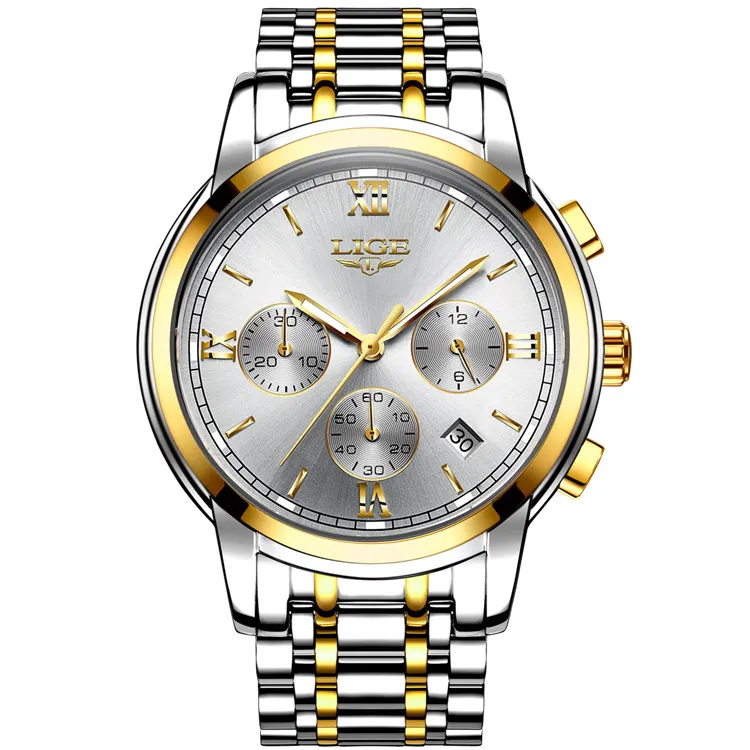 steel gold white LIGE, роскошные брендовые часы, мужские модные спортивные военные кварцевые часы, мужские полностью стальные бизнес водонепроницаемые часы, мужские часы - Цвет: steel gold white