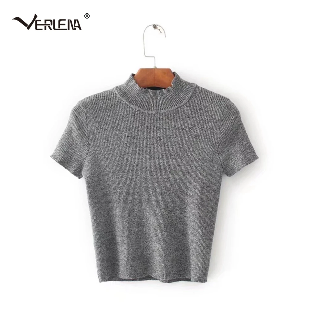 Verlena Cropped Jumper 2019 Solid Black Autumn Sweater Women Pullover Basic Knitwear Turtleneck Short Sleeve Crop Top Sweaters | Женская