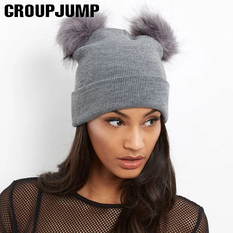 Женская шапка GROUP JUMP, теплые зимние шерстяные шапки, вязаная шапочка мех, помпон, шапка для женщин и девочек, зимняя шапка Skullies для взрослых и детей, Прямая поставка