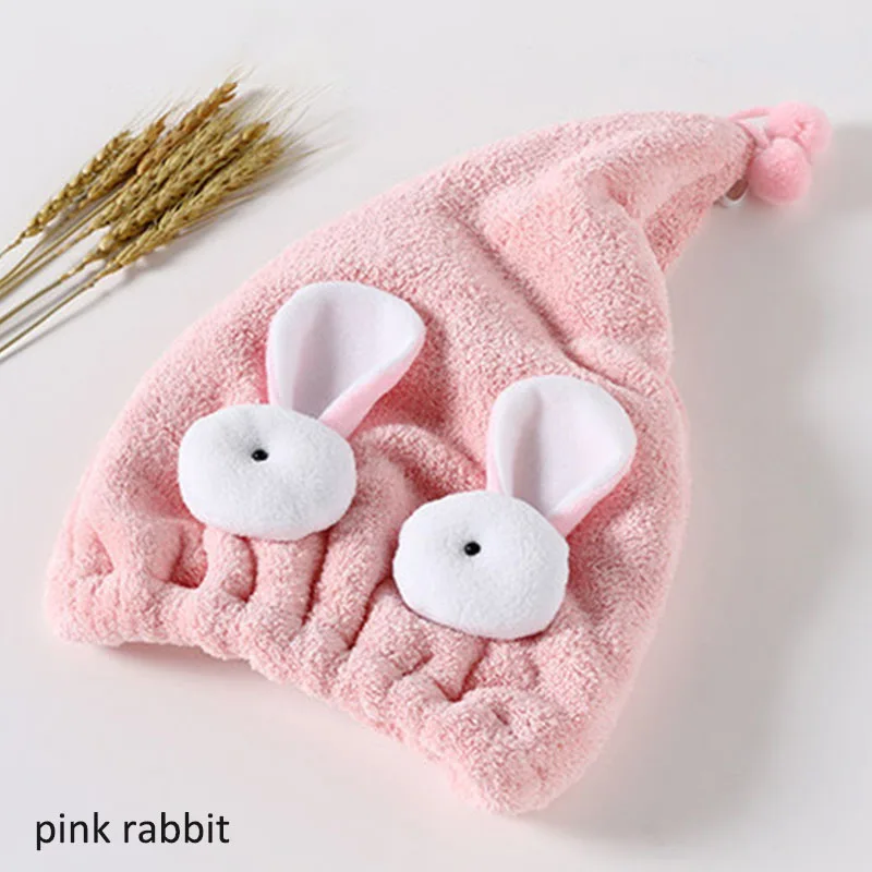 pink rabbit Милая мультяшная шапочка для душа, коралловый флис, тюрбан для волос, шапка для ванной, переносная Женская шапка для сухих волос, быстро сохнет, обернутое полотенце, 1 шт - Цвет: pink rabbit