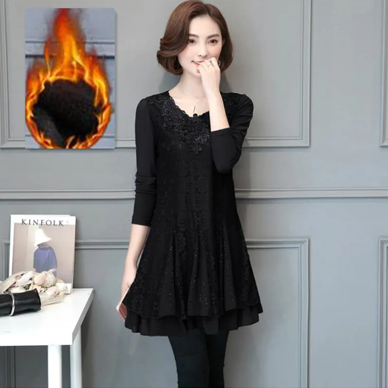 plus fleece Размера плюс XL-5XL с длинным рукавом с вышивкой кружевные блузки для женщин большого размера кружевные топы с баской для девушек плюс длинные кружевные топы - Цвет: plus fleece