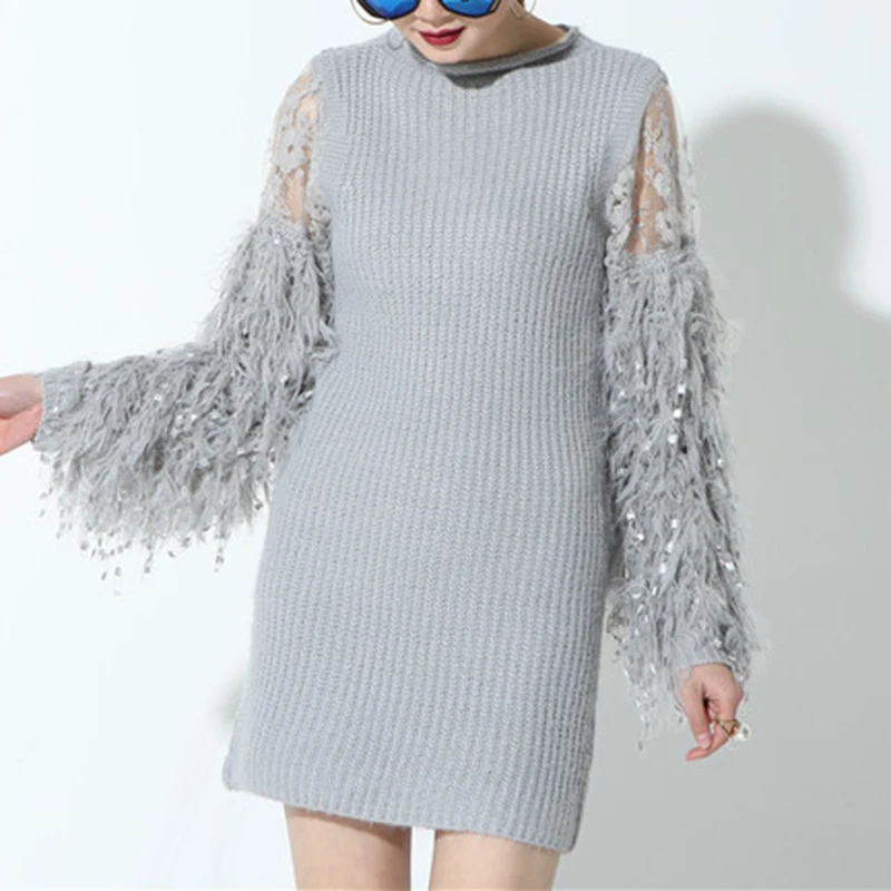 New Fashion Comfortable Stitching Knitting Lantern Sleeves Full Sleeved Gray Color Short Dress Women Temperament Tide | Женская одежда