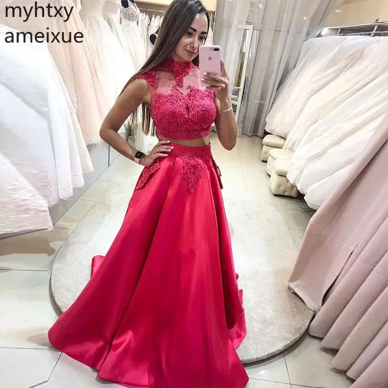 

Plus Size Two Pieces Red Prom Dresses With Cap Sleeves Draped Skirt 2021 Sexy Gown Sweep Train Women Formal Party Robe De Soiree