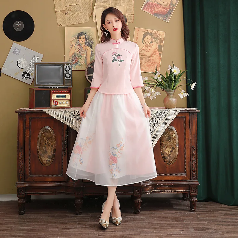 Новая улучшенная версия платья Чонсам китайский hanfu Женский три четверти рукав цветок вышивка Двухсекционный размер S-3XL