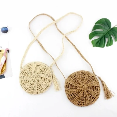 tassel Handmade Rattan Woven Round Lady's Handbag Straw Knit Summer Beach Bag Woman Shoulder Messenger Khaki Beige Tote | Багаж и
