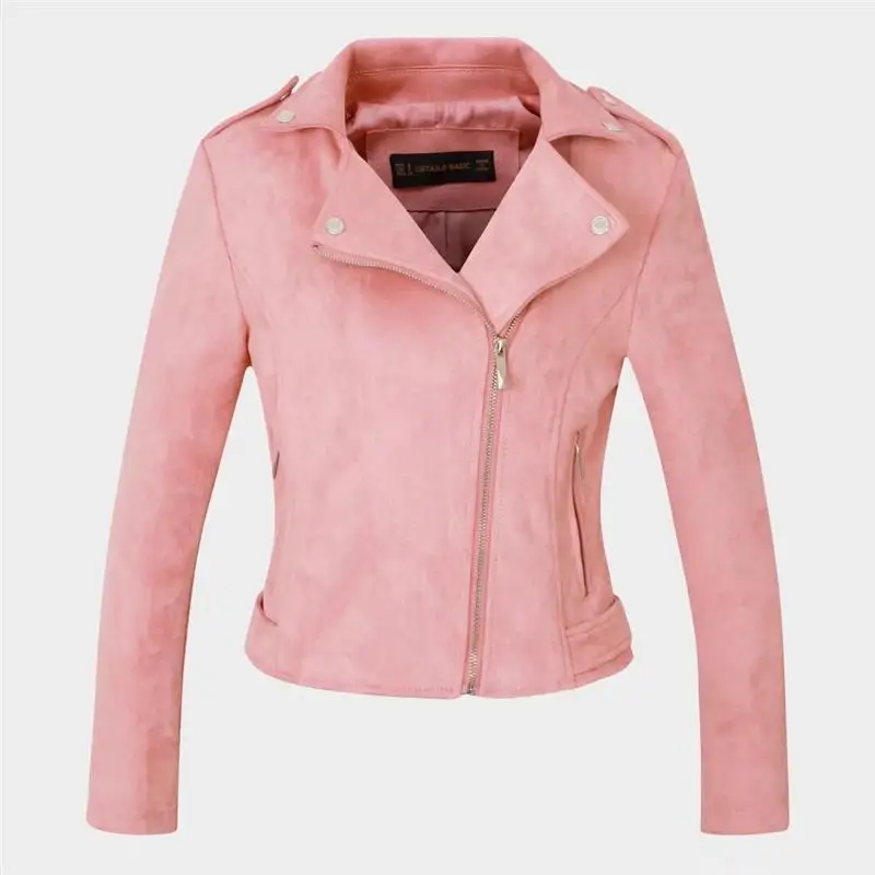 Розовый New Arrial Women Autumn Winter Suede Faux Leather Jackets Lady Fashion Matte Motorcycle Coat Biker Pink Zipper Outerwear - Цвет: Розовый