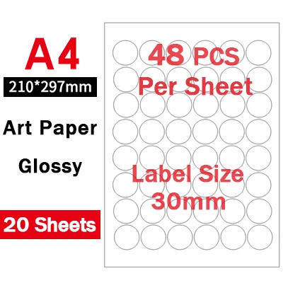 30mm Glossy White А4 круглые наклейки, высеченные Листы А4, глянцевая белая/крафт-бумага клейкая наклейка s для лазерных/струйных принтеров, 20 листов - Цвет: 30mm Glossy White