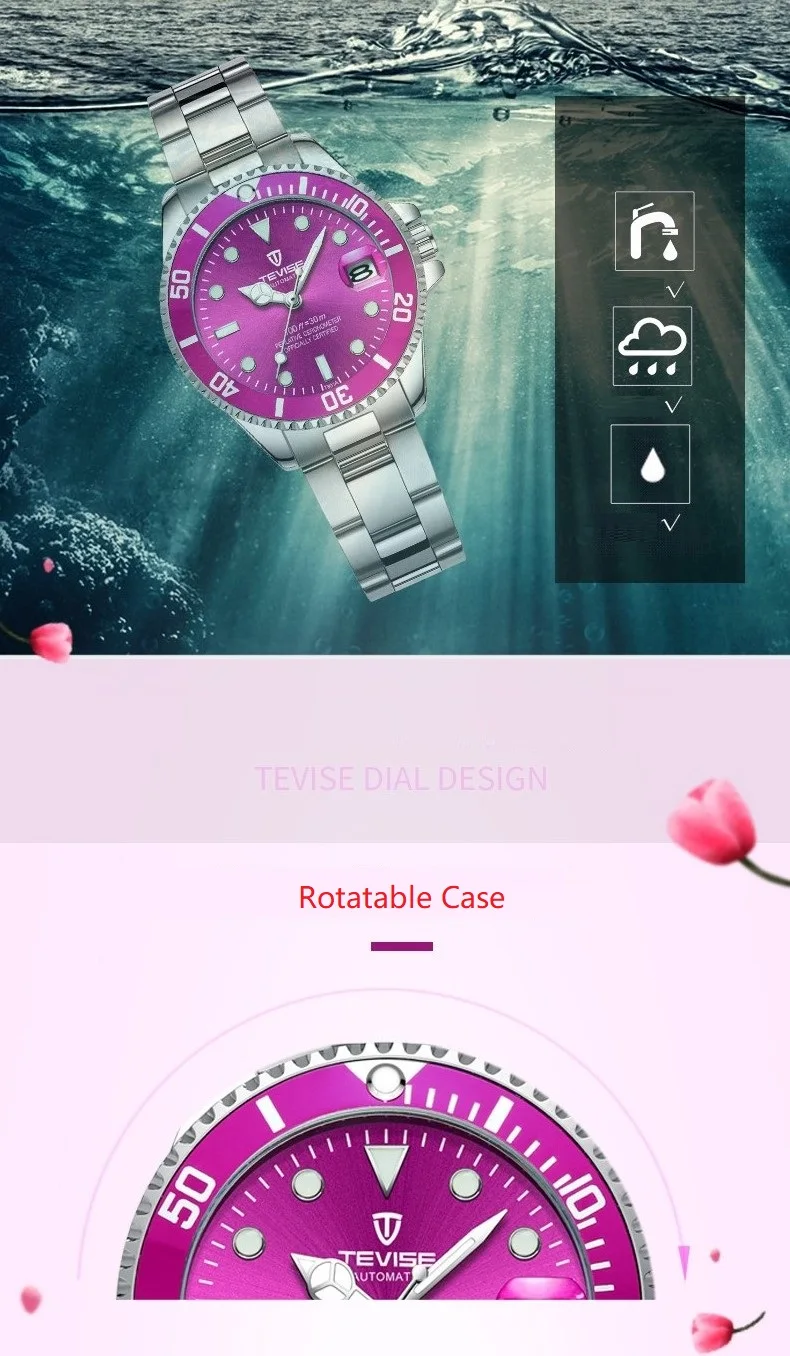 TEVISE автоматические женские часы вращающийся чехол Montre Femme механические наручные