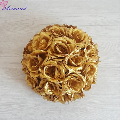 Color 17 Gold 3шт., свадебные цветы, полный шар, украшение стола, украшение, шар для поцелуя, искусственный шелк, роза, помпон, цветы, композиция, цветы - Цвет: Color 17 Gold