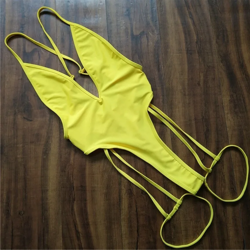 Sexy Thong Swimsuit One Piece Swimwear Women Tanga Bathing Suits Mujer Neon High Leg Badpak Swim Yellow Black Green