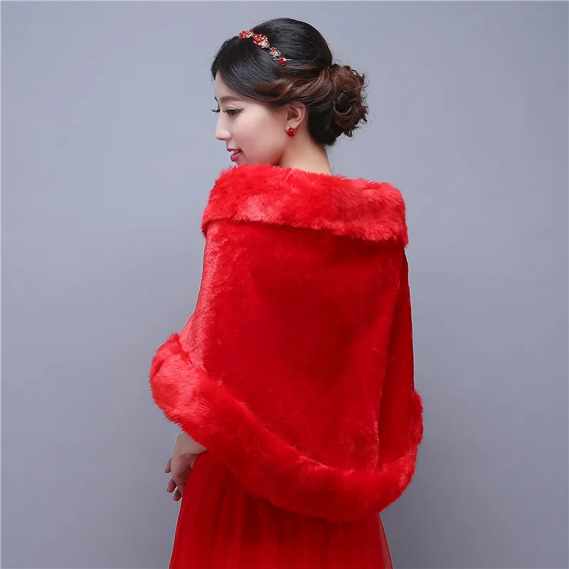Красный Искусственного Меха Зимняя Свадьба Пальто Кабо Болеро Куртка Венчания