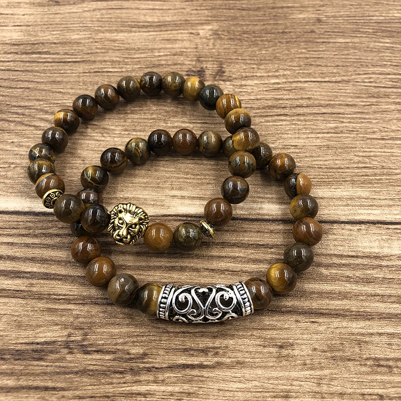 

2Pcs/Set Gold Silver Color Lion Charm Tiger Eye Lava Stone Prayer Beads Buddha Bracelet Set for Women Men's Pulseras Masculina