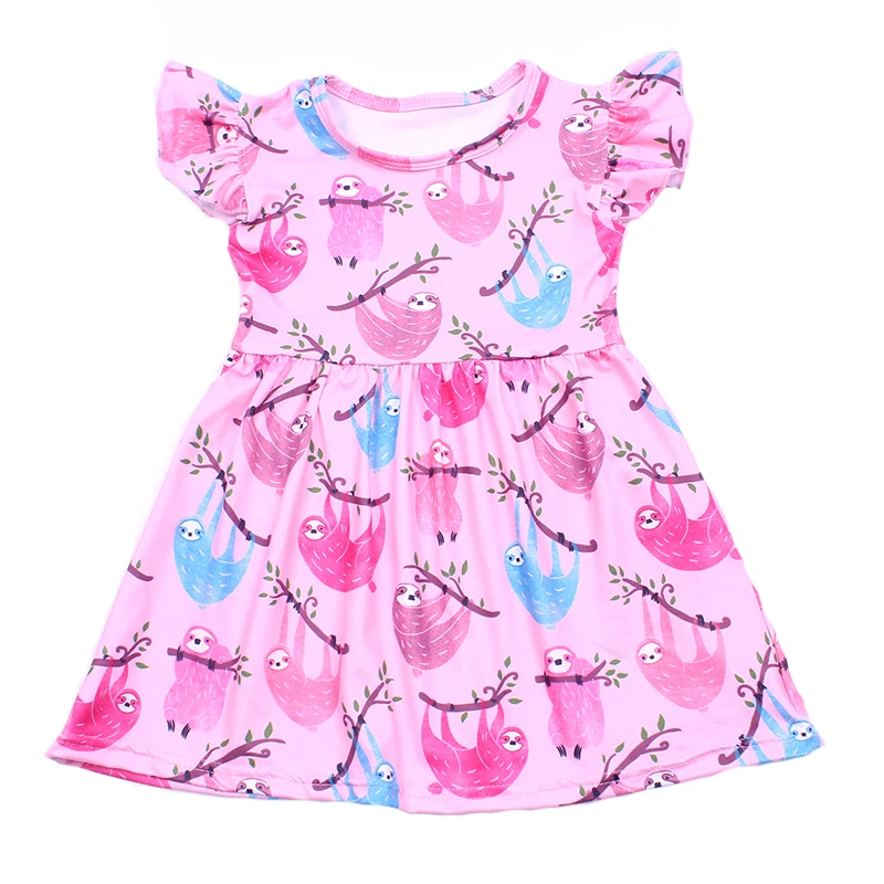 Baby Girls Dress Pink Blue Sloth Printed Toddler Summer Children Soft Milk Silk O-neck Short Sleeve Clothing | Детская одежда и