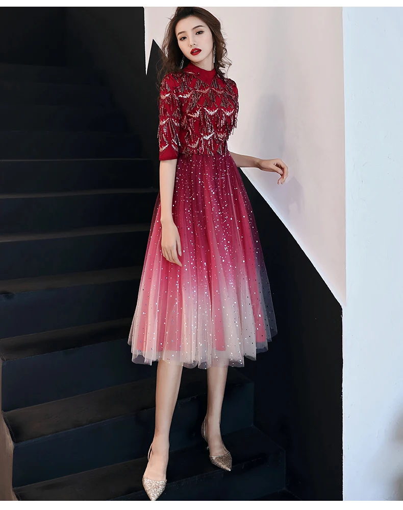 Вечернее платье weiyin De Soiree, новинка, банкетное платье с высоким воротом, платье трапециевидной формы с коротким рукавом, длина до середины икры, благородные вечерние платья