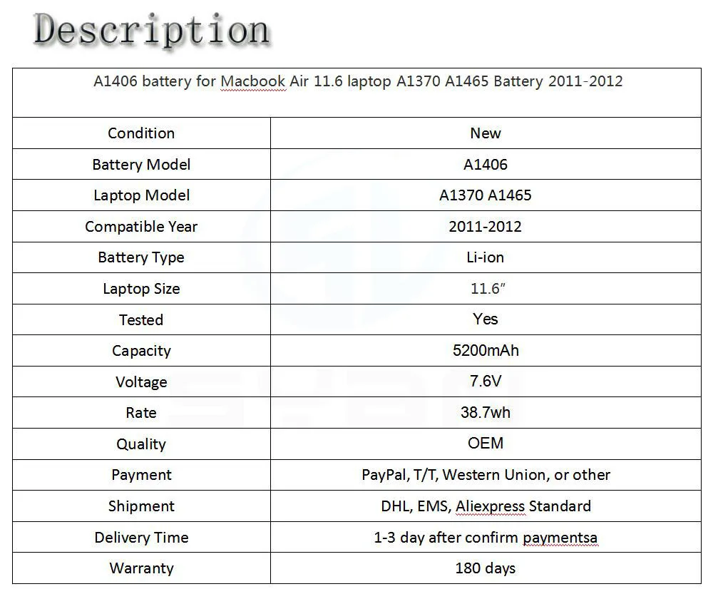 A1406 Батарея для MacBook Air 11," ноутбук A1370 A1465 Батарея MC506 MC507L MC968LL/A 2011-2012 год