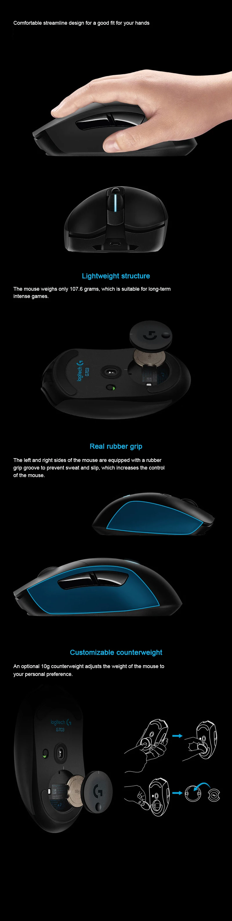 Беспроводная игровая мышь logitech G703 2,4 Ghz с RGB для ПК, ноутбука, настоящая оптическая эргономичная оптическая мышь 12000 dpi, официальный тест агентства