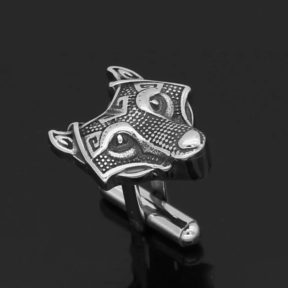 Stainless steel Nordic Viking Norse Small amulet rune Wolf Head Cufflinks with valknut gift bag | Brooches