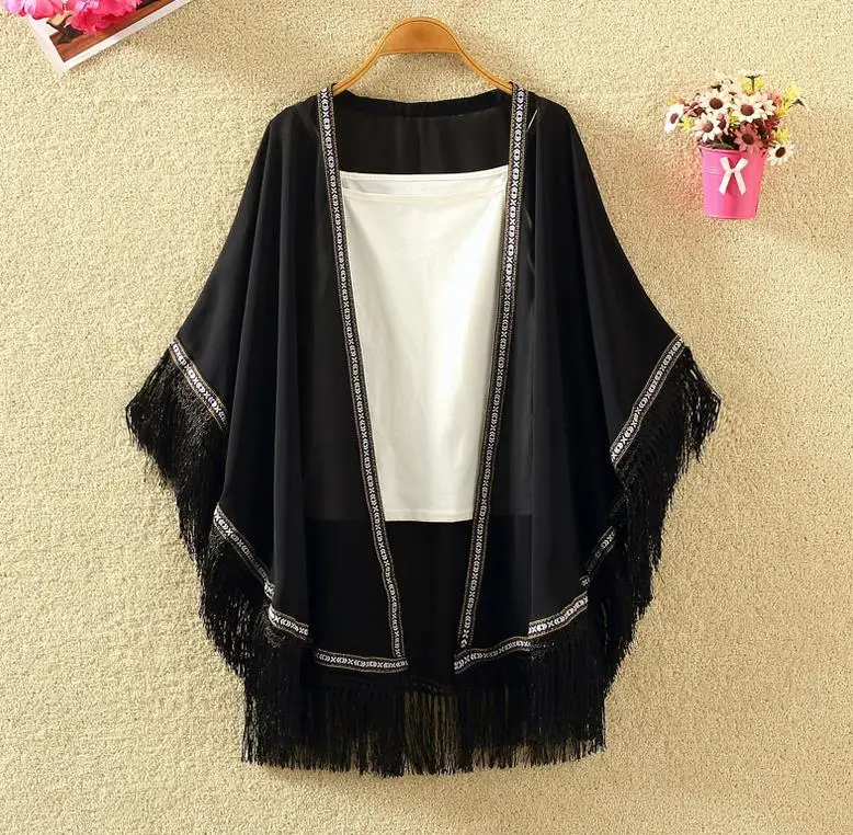 Женская шаль с бахромой пляжный кардиган свободного покроя из шифона для лета |