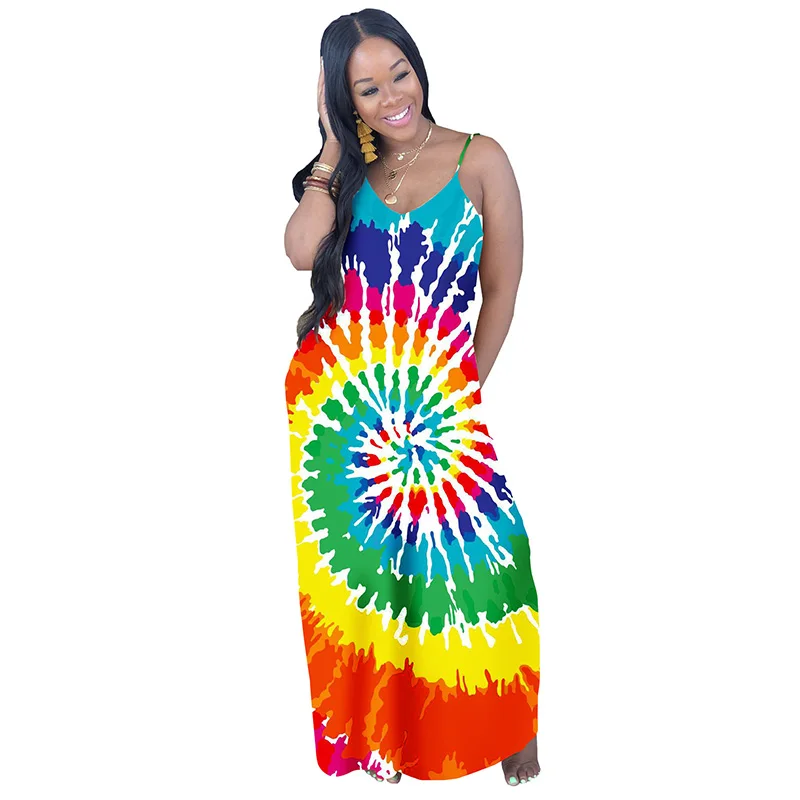Rainbow Tie Dye Sexy Boho Beach Dresses Women Spaghetti Strap Backless Long Maxi Dress  Summer V Neck Sleeveless  Dress