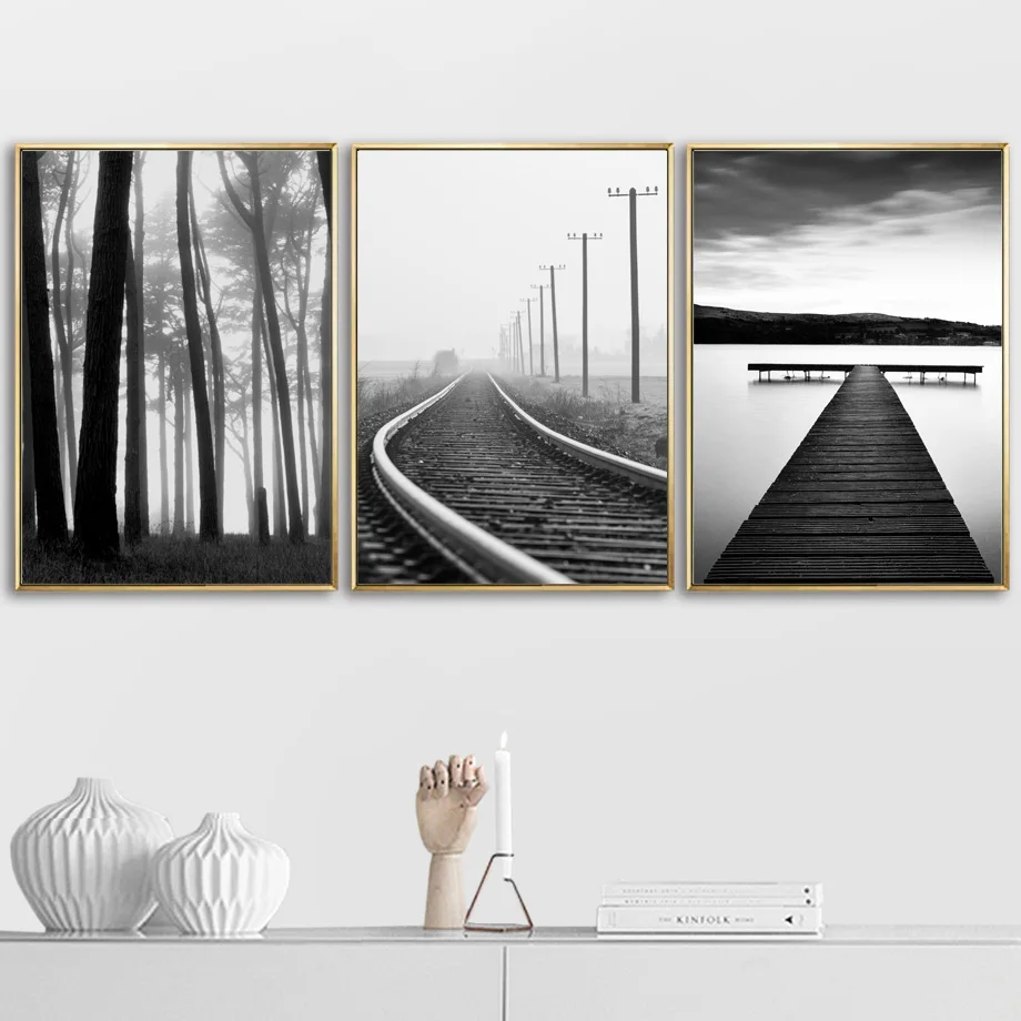 Настенная картина черного белого морского неба моста дерева железной дороги