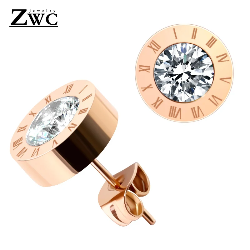 RoseGold ZWC модные римские цифровые титановые стальные серьги-гвоздики для женщин из нержавеющей стали гипоаллергенные круглые серьги трендовые ювелирные изделия - Окраска металла: RoseGold