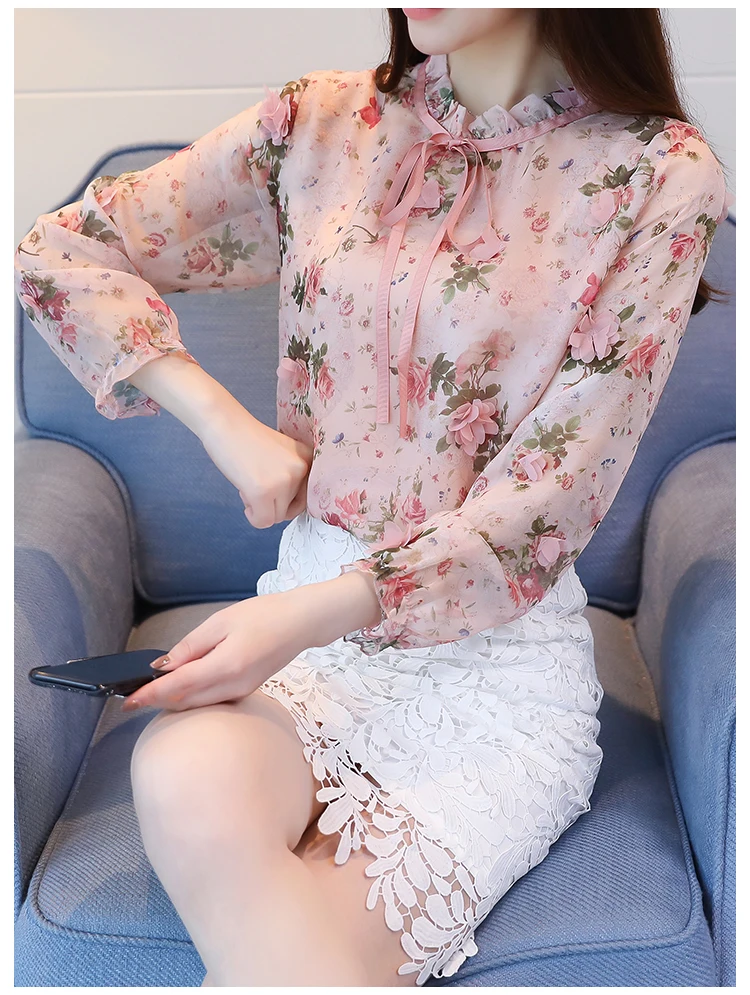 Женская аппликация на одежду Раффлед шеи женские топы blusas Новые женские блузка рубашка Мода Длинные рукава сладкие печати 358F3